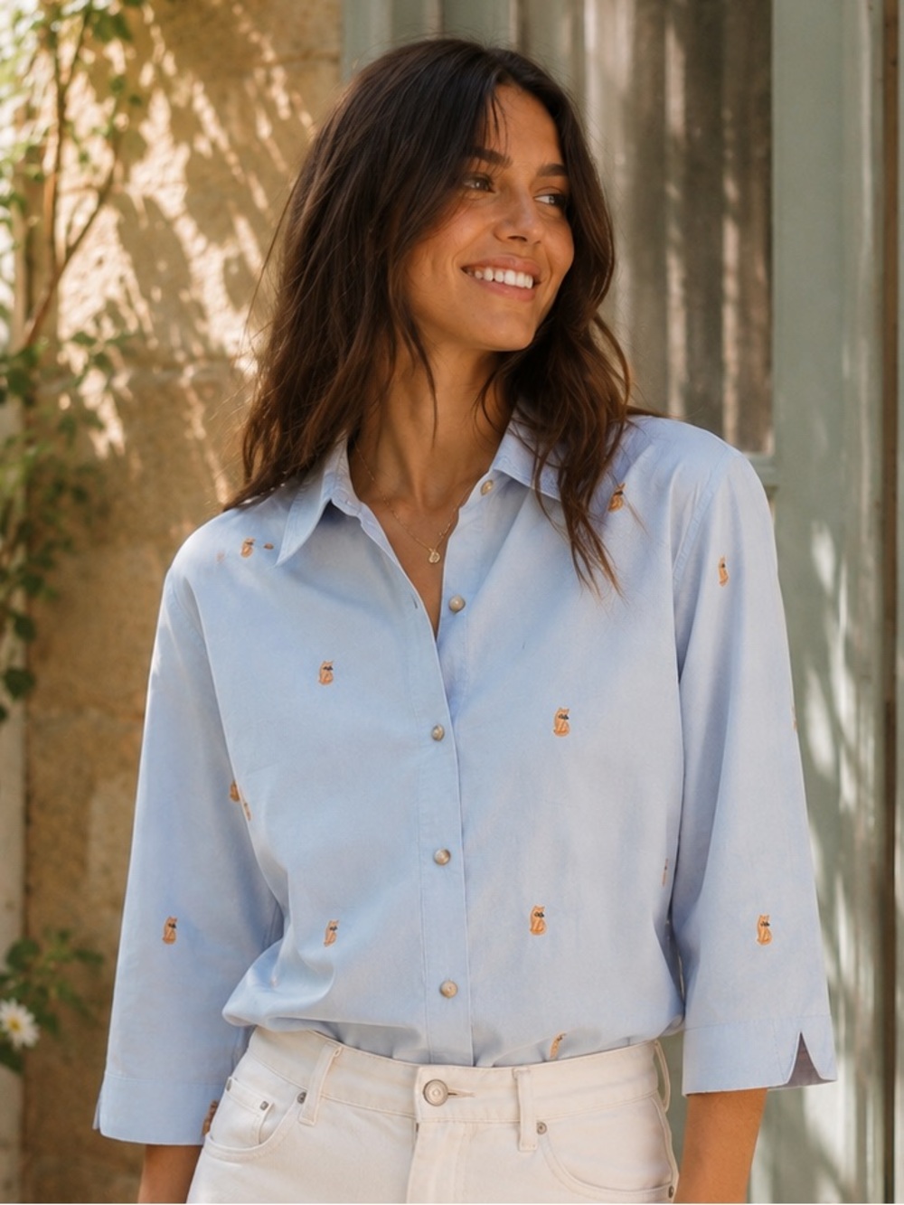 Lemon Grass Studio Women's Light Blue Embroidered Button-Down Shirt